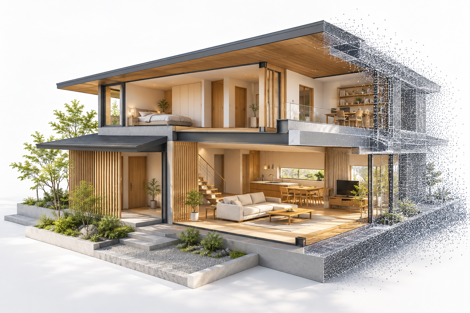 住宅の内部と立体構造を表現した建築イメージ